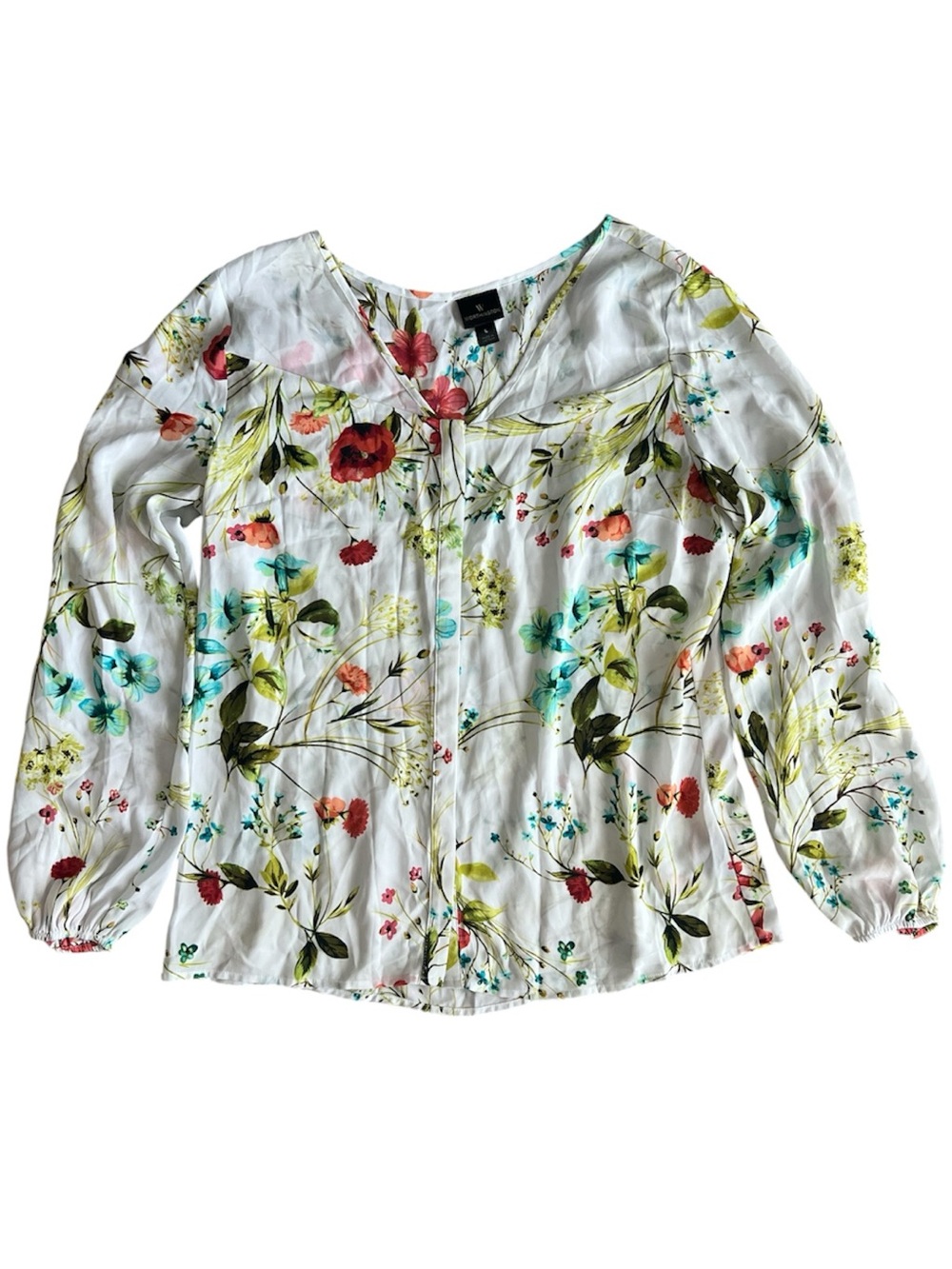 Worthington White Floral Button-Front V-Neck Blouse Size Large